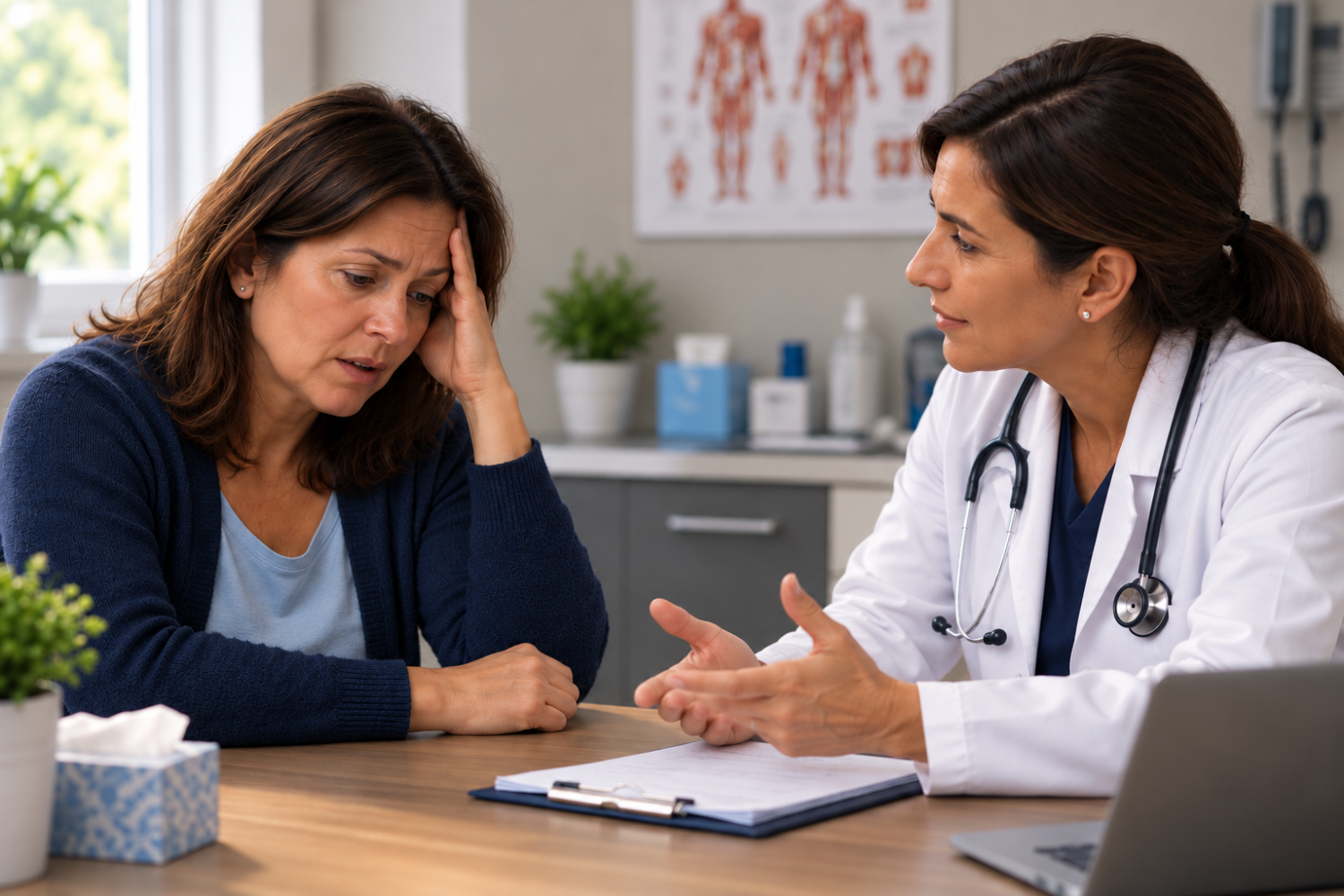 Doctor speaking with Tired patient