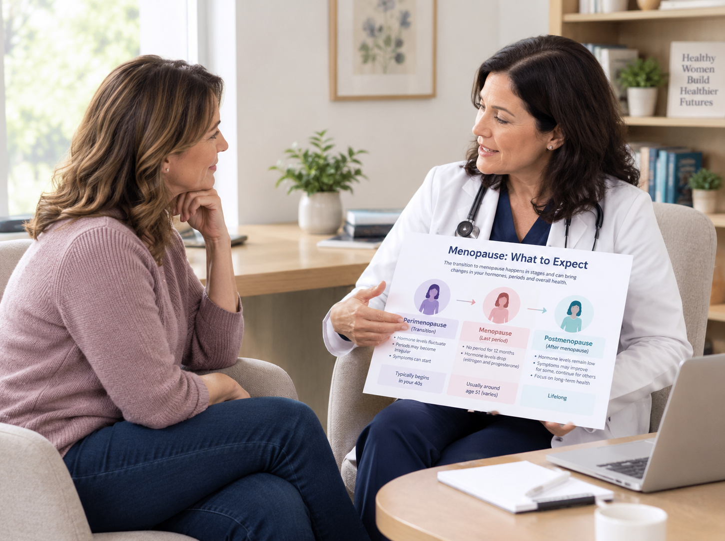 Doctor teaching a perimenopausal women about menopause